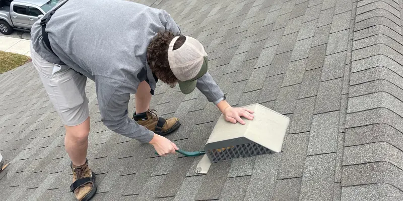 Technician cleaning rooftop dryer vent cover