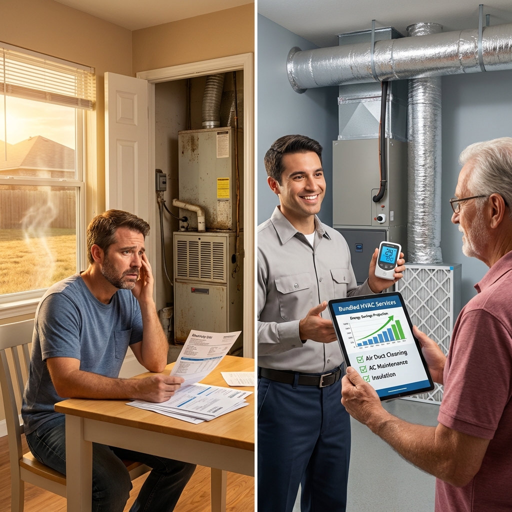Homeowner comparing old HVAC system to bundled maintenance services