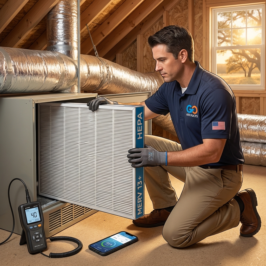 Go Air Ducts technician installing a whole-home HEPA filter in a home air handler in Texas