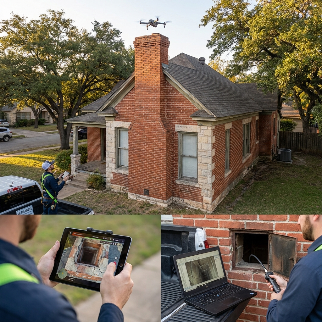 Go Air Ducts technician inspecting a historic home chimney with a drone and camera scope in Texas