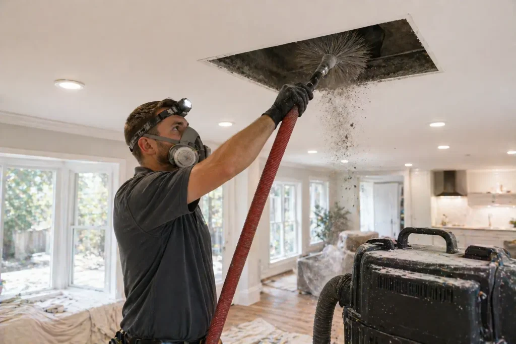 Technician cleaning air ducts through ceiling vent inside home