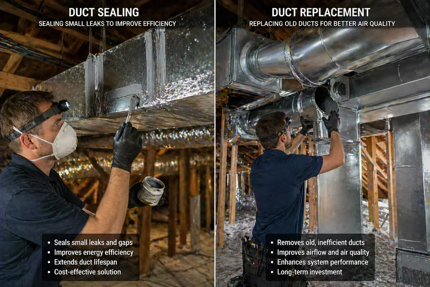 Duct sealing and duct replacement comparison showing HVAC system improvements
