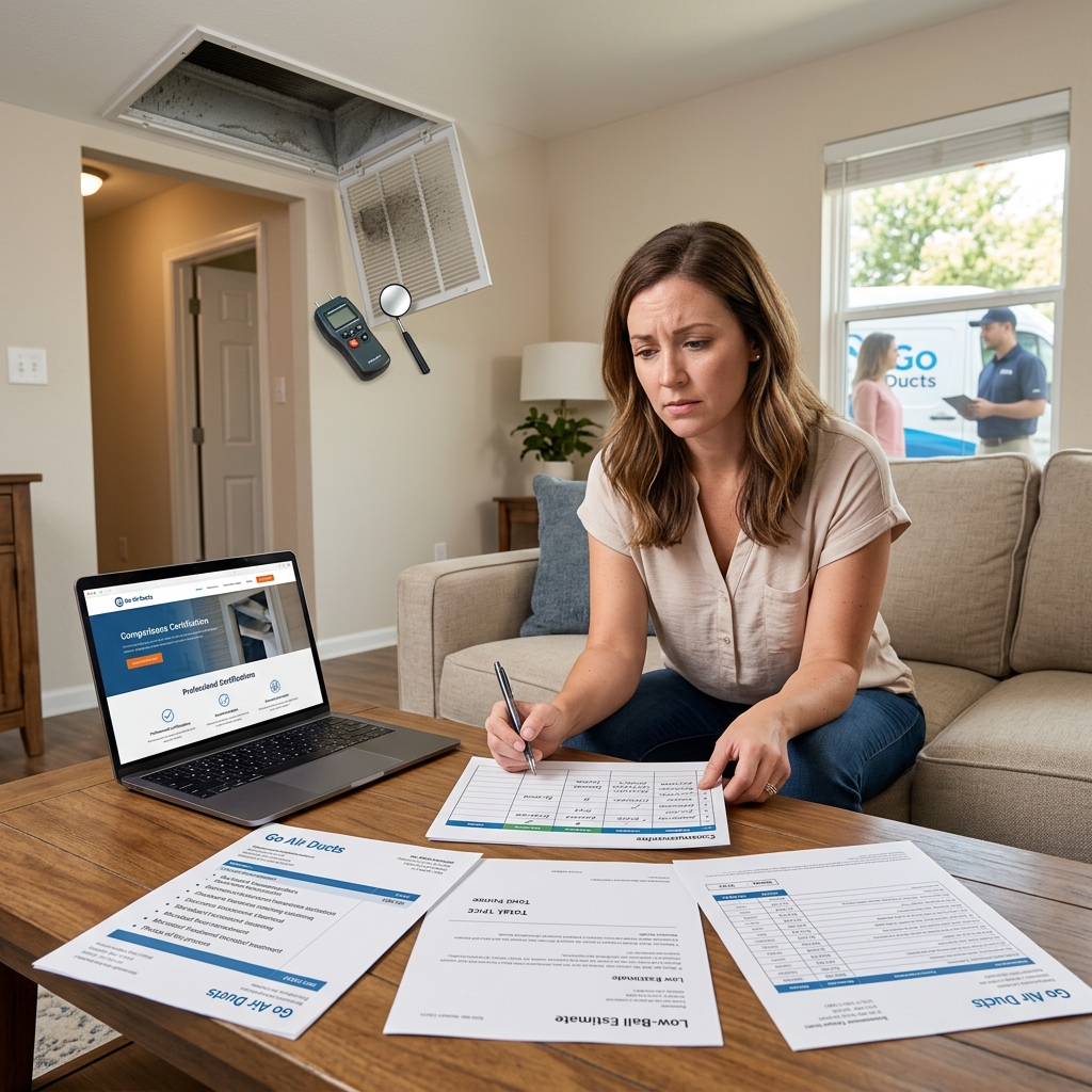 Homeowner reviewing air duct service paperwork