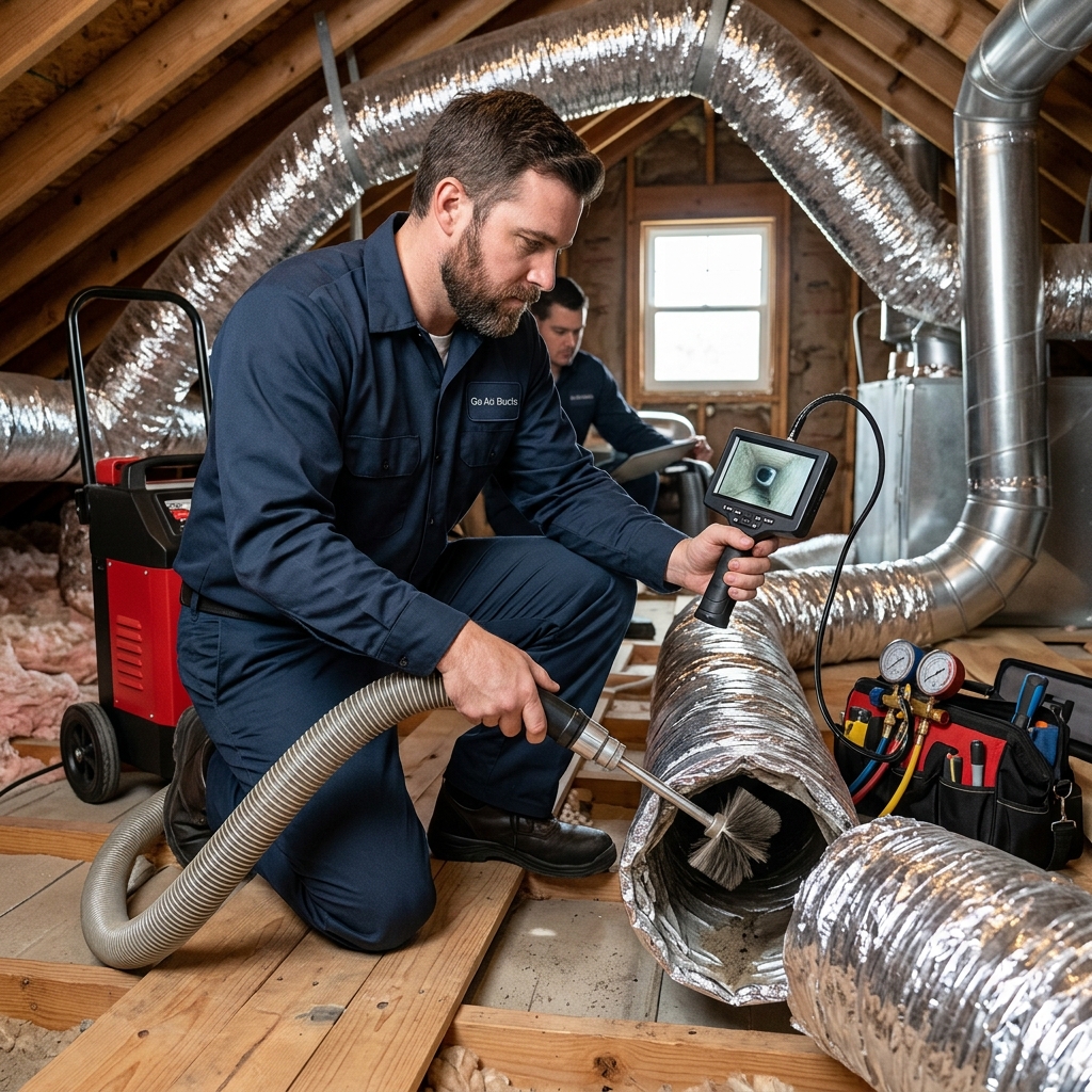 Technician inspecting metal HVAC duct with digital camera