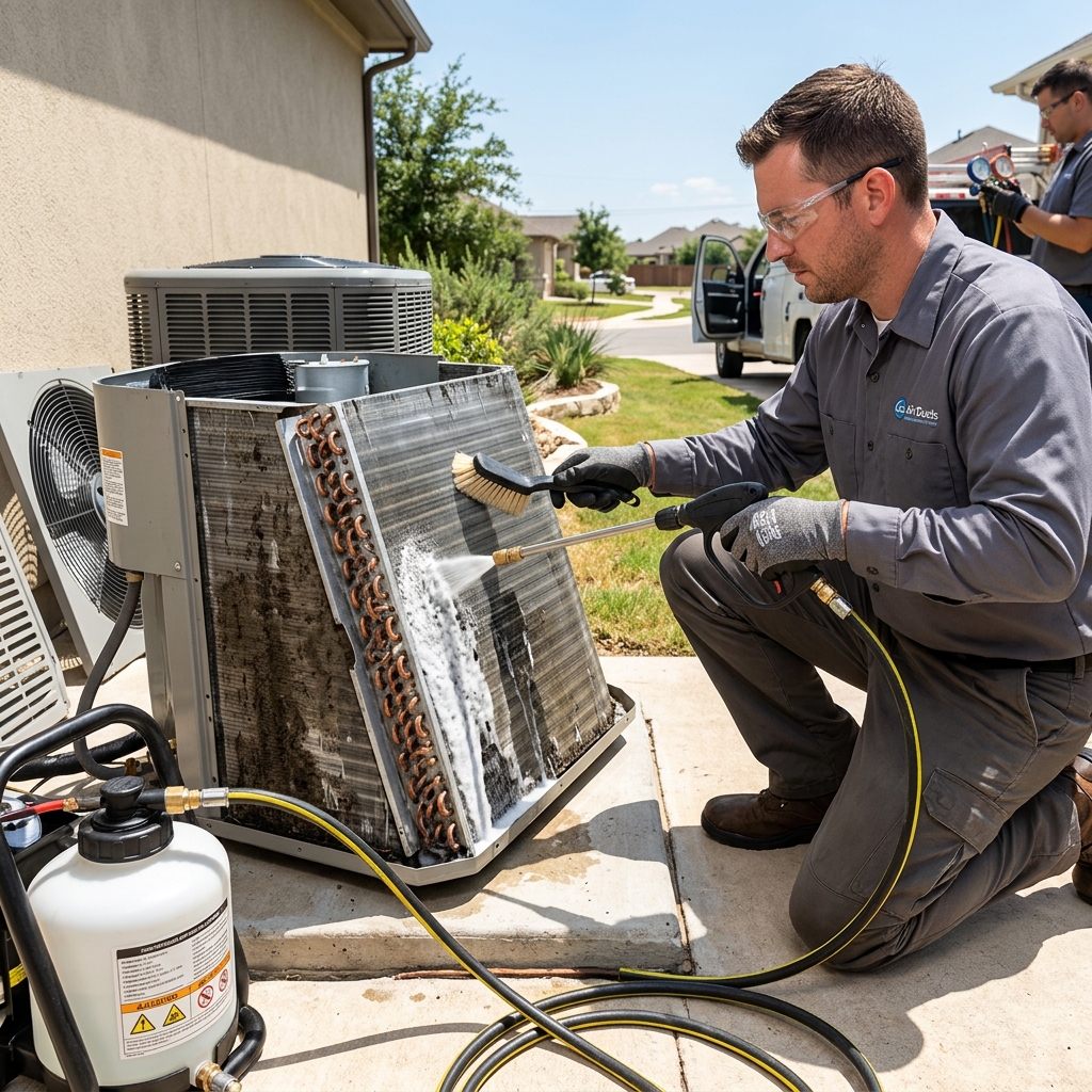 Technician washing outdoor HVAC unit coils with spray