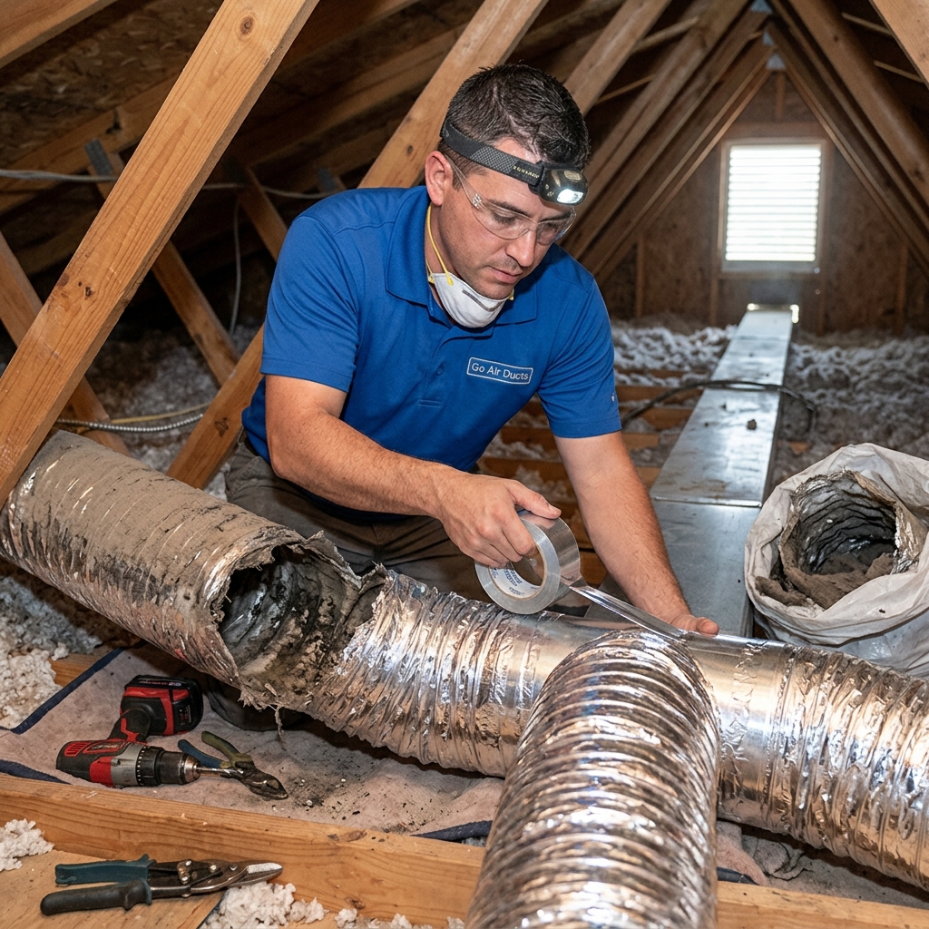Technician sealing new insulated duct connections with foil tape during a home duct replacement
