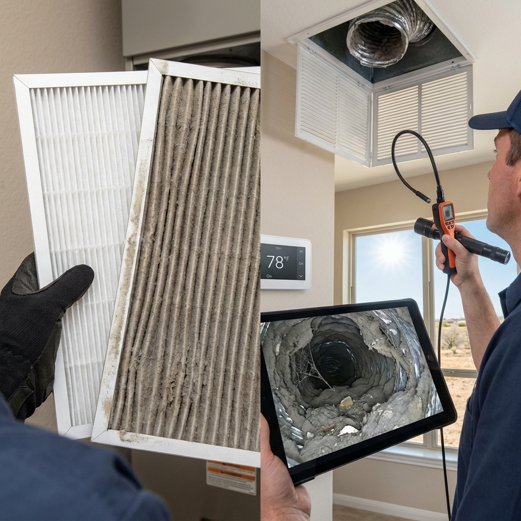 Clean versus clogged air filter beside a technician scoping a ceiling duct, signs ducts need cleaning