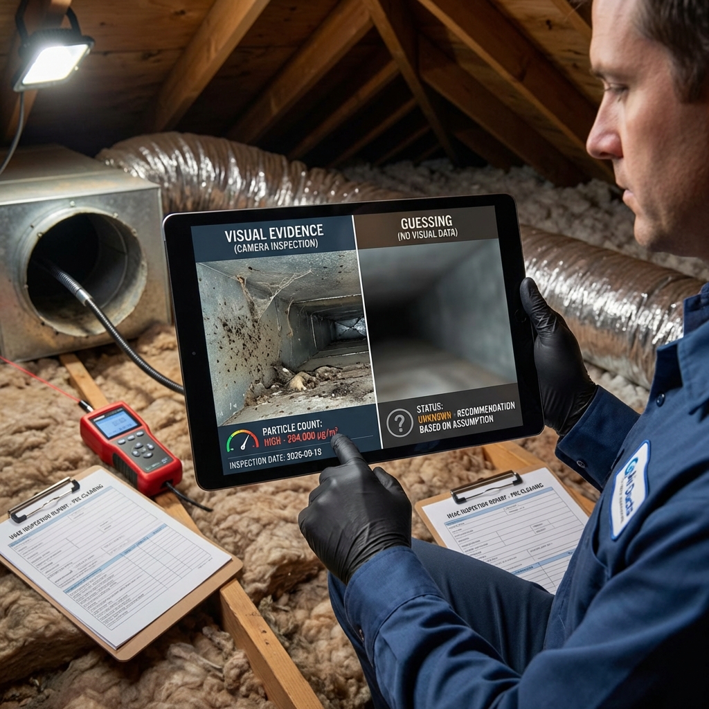 Technician holding a tablet comparing camera inspection visual evidence against guessing for air duct cleaning