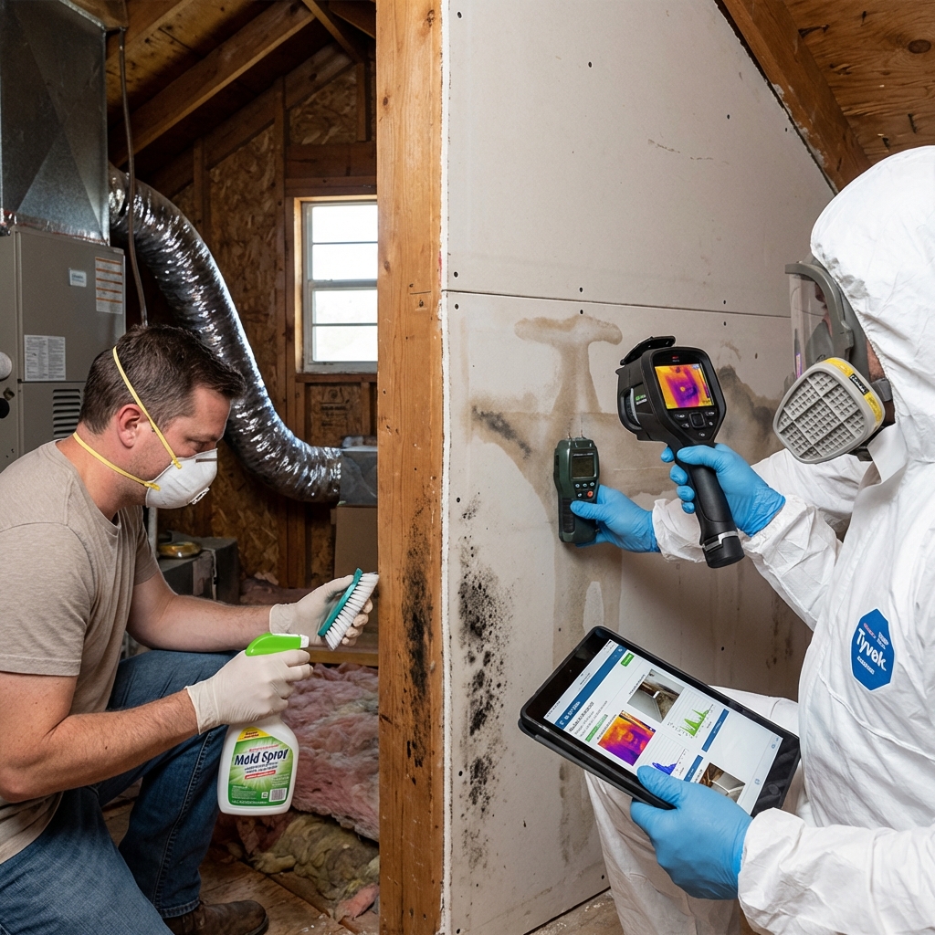 Homeowner DIY mold spray cleanup versus a professional in a Tyvek suit scanning mold with thermal imaging tools
