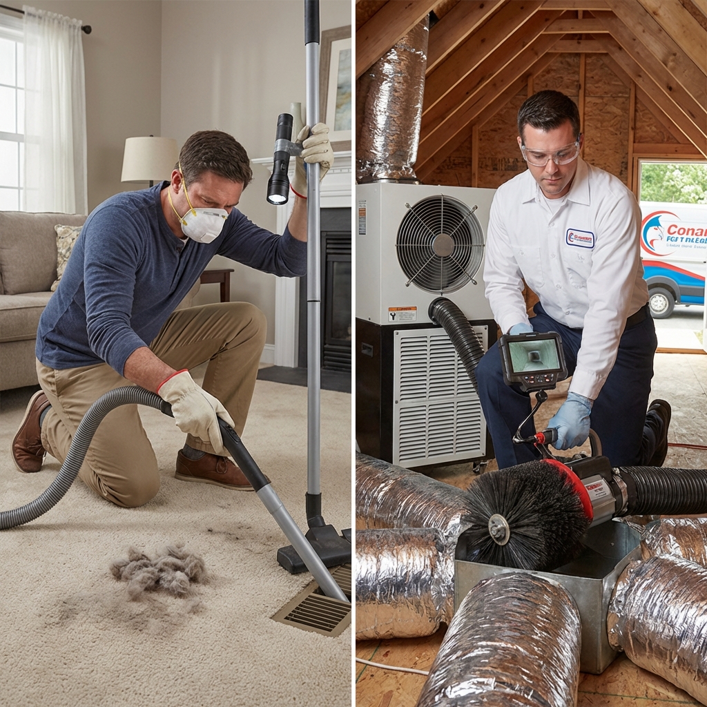 Homeowner vacuuming a vent versus a technician using a rotary brush for professional air duct cleaning in an attic