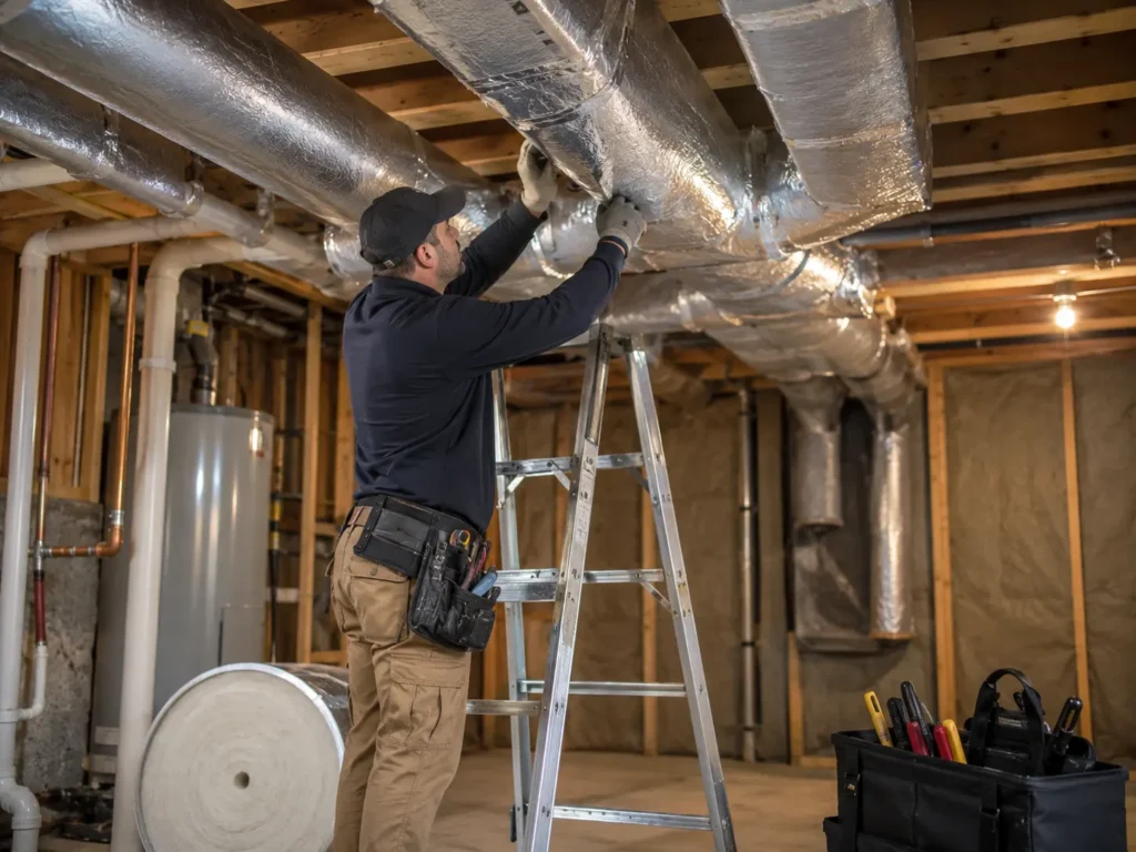 Technician on ladder installing insulated HVAC ducts