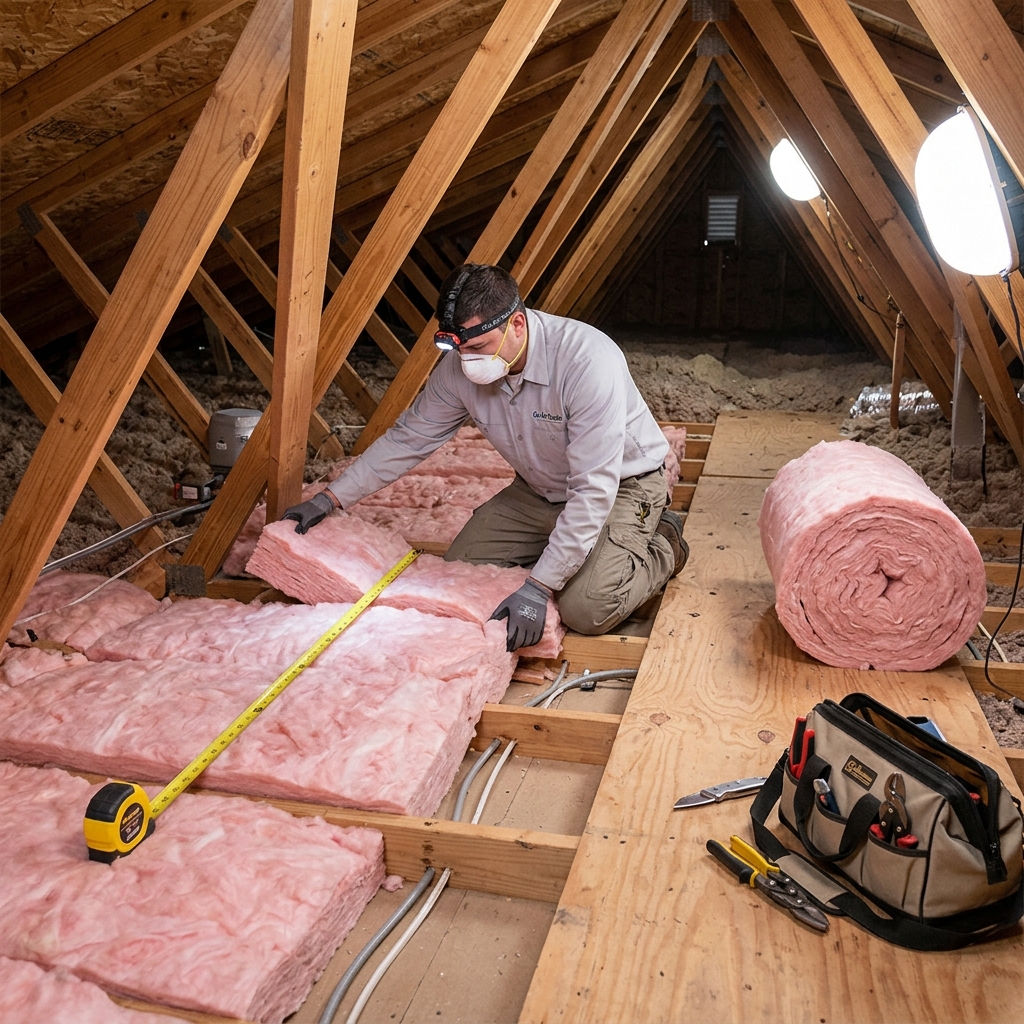 Technician measuring and positioning pink insulation in an attic for air ducts.