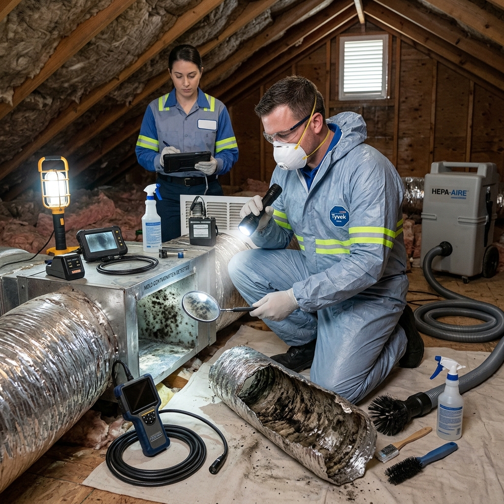Technician cleaning a residential air duct in an attic using vacuum and cleaning tools.