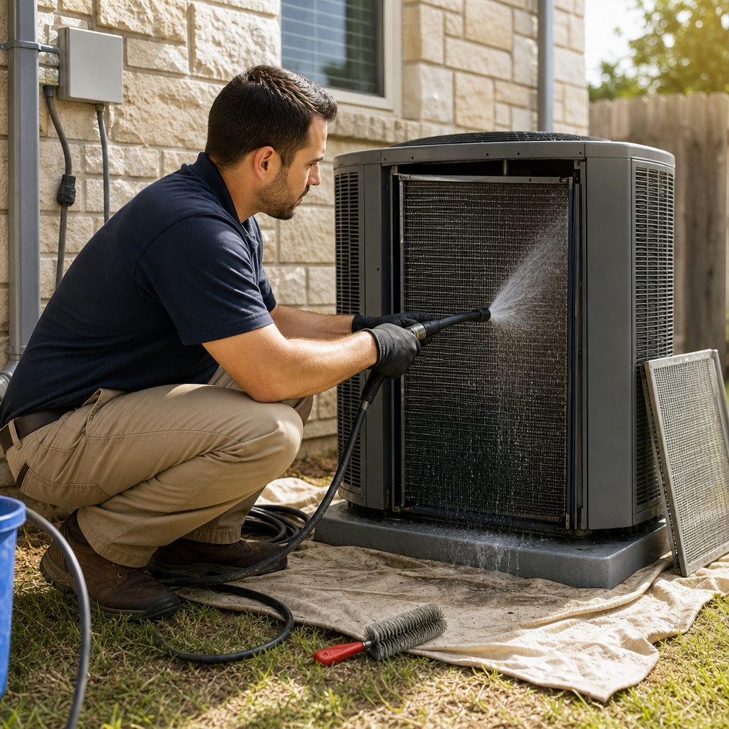 A Champion AC technician uses a high-powered water spray to clean dirt and debris from the coils of an outdoor AC unit.