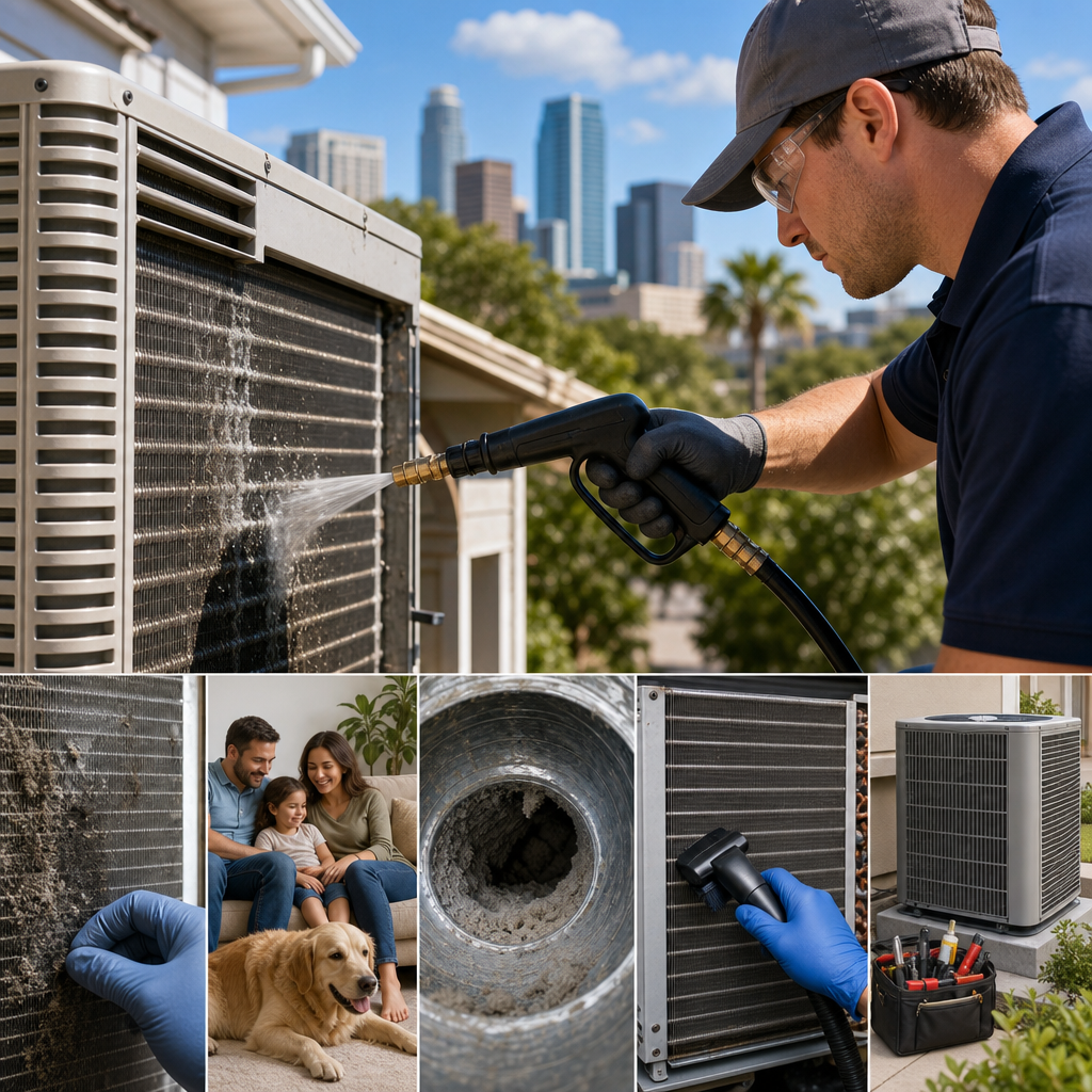 A multi-panel image featuring a Go Air Ducts technician power washing an outdoor AC unit against a city skyline, along with panels showing dusty coils, a happy family with their dog, and internal duct cleaning.