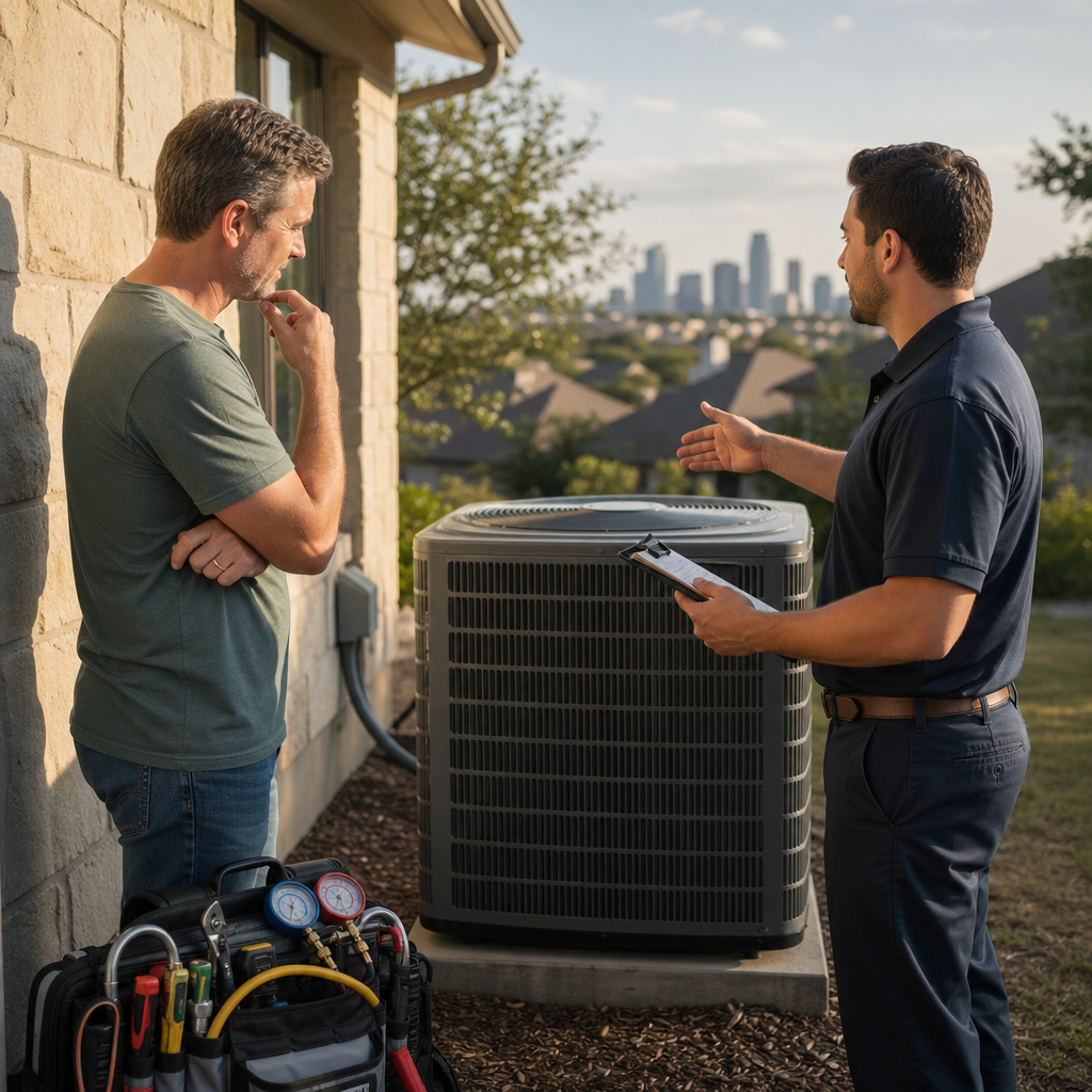 A Go Air Ducts technician with a clipboard explains an HVAC assessment to a homeowner outside next to an air conditioning unit with a city skyline behind them.