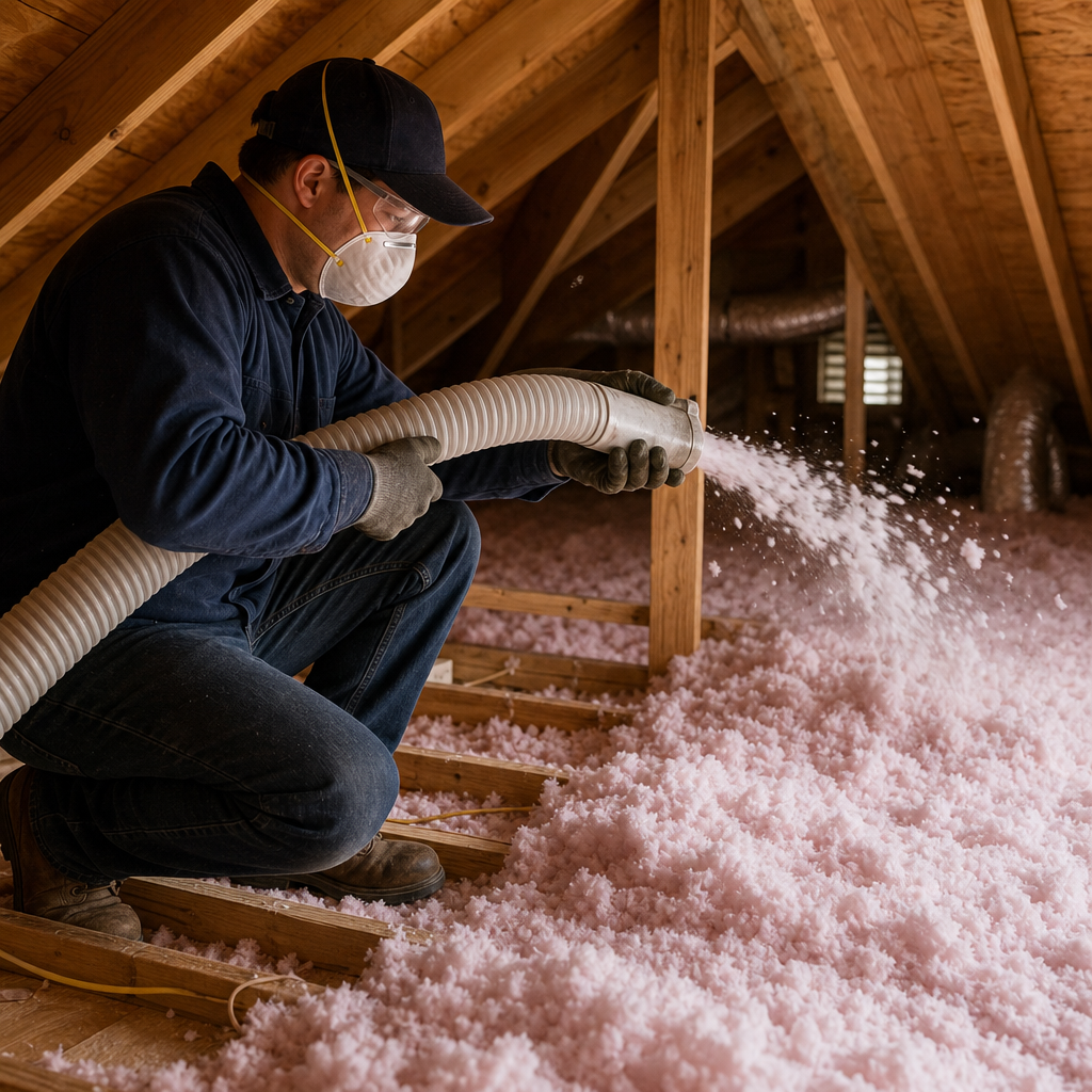 A Go Air Ducts specialist wearing a protective face mask blows thick pink fiberglass loose-fill insulation into a residential attic space.