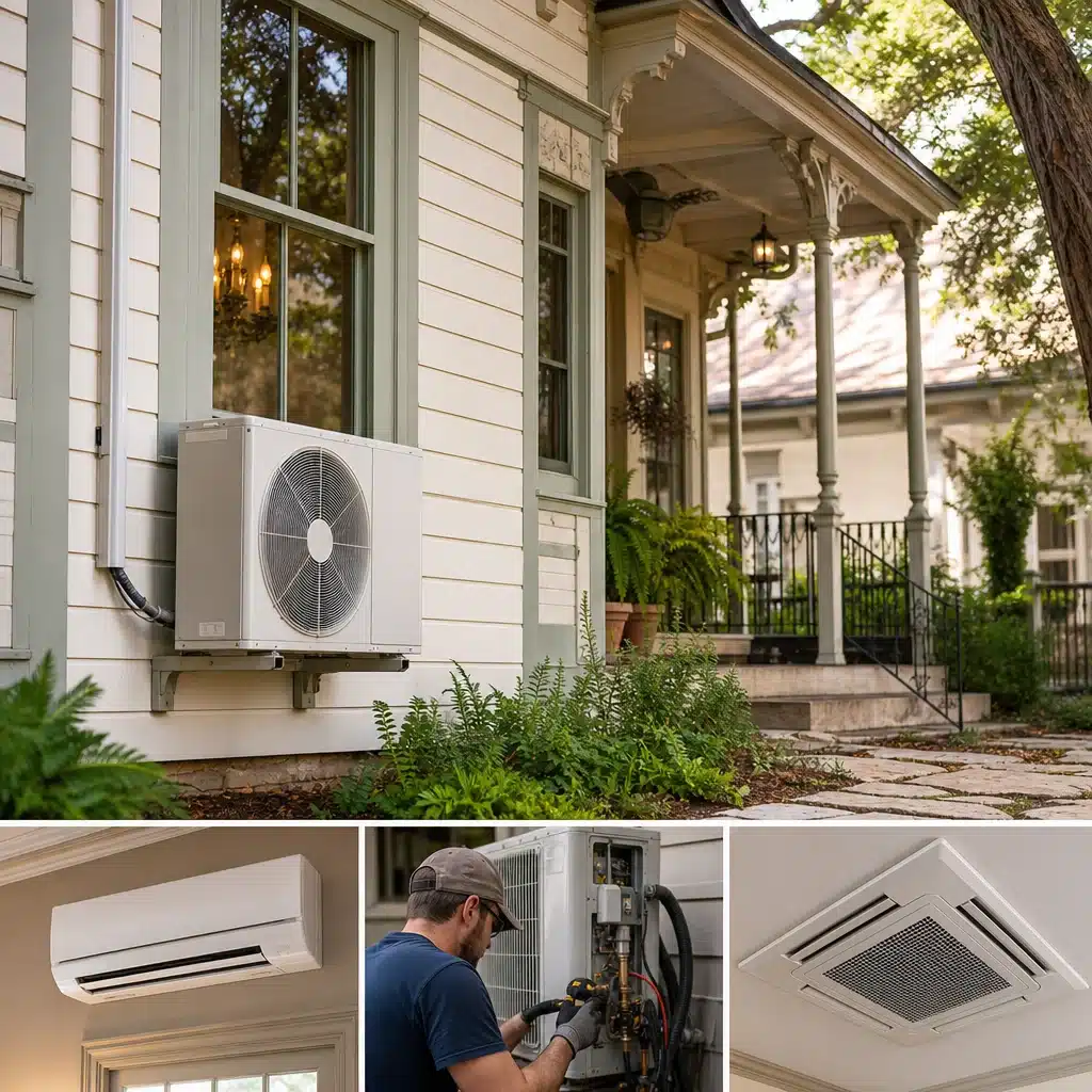 A residential home featuring an exterior mini-split unit, with three inset display frames showing an indoor wall-mount blower, a tech wiring an outdoor circuit, and an overhead ceiling cassette vent.