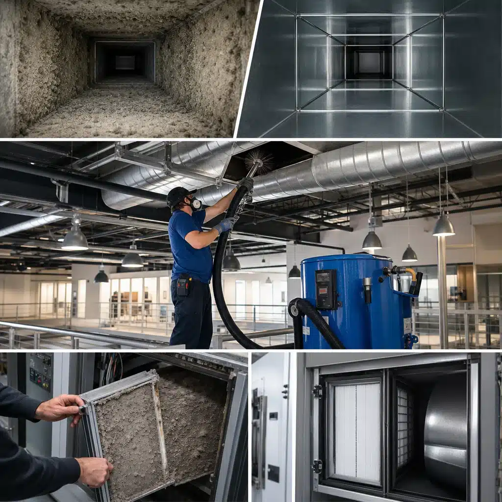 A Go Air Ducts service professional in a navy uniform kneels to pressure-wash the outer metal fins of a large central air conditioner unit next to a fully equipped service van.
