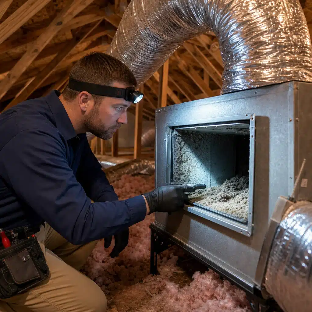 A split collage featuring a technician installing loose-fill attic insulation, an efficiency gauge graphic pointing to green, an outdoor AC compressor, and a happy family checking a tablet.