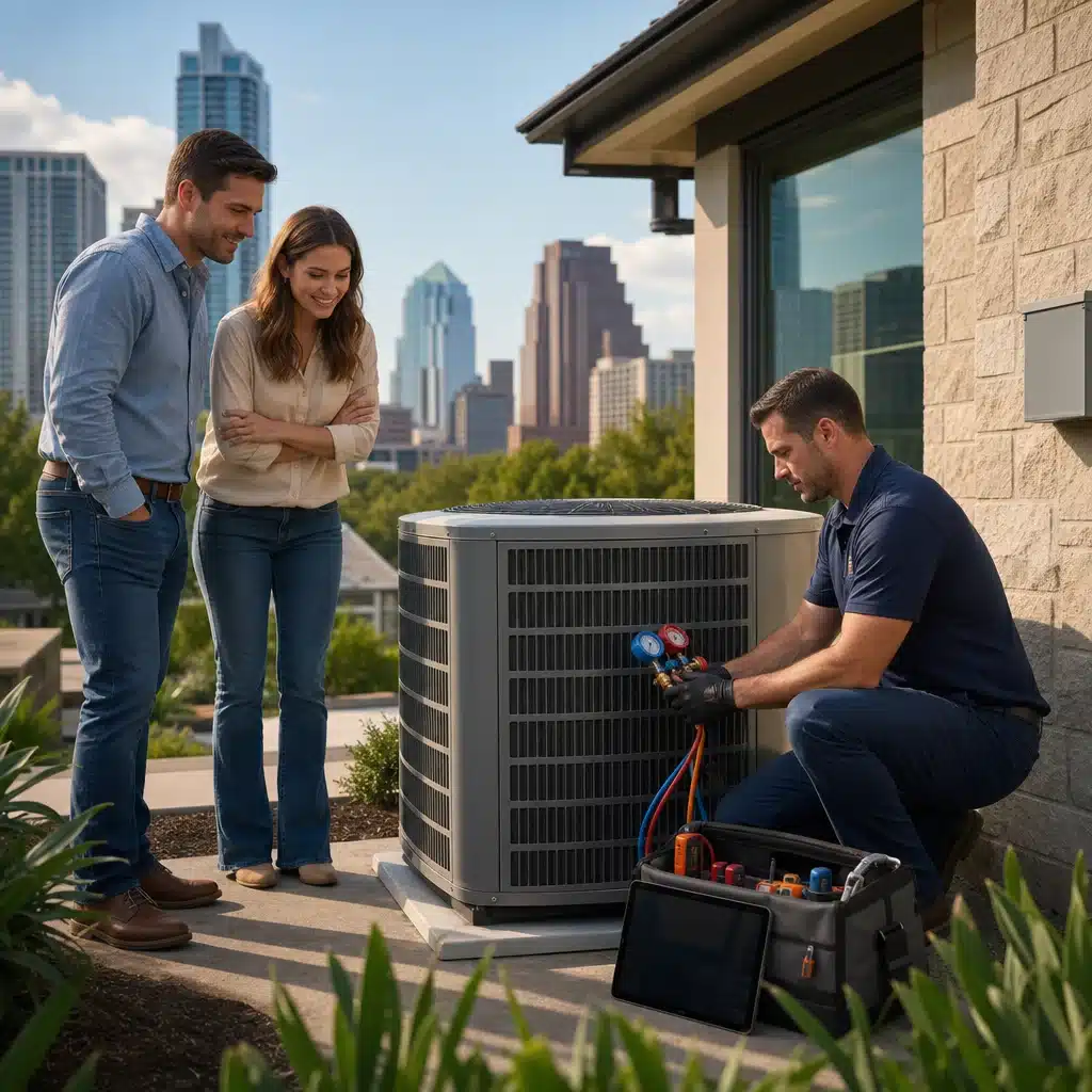 A Go Air Ducts specialist hooks up red and blue manifold gauges to an outdoor AC unit while a man and woman look on from a patio overlooking a city.